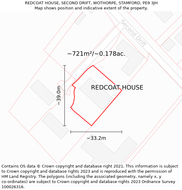 REDCOAT HOUSE, SECOND DRIFT, WOTHORPE, STAMFORD, PE9 3JH: Plot and title map