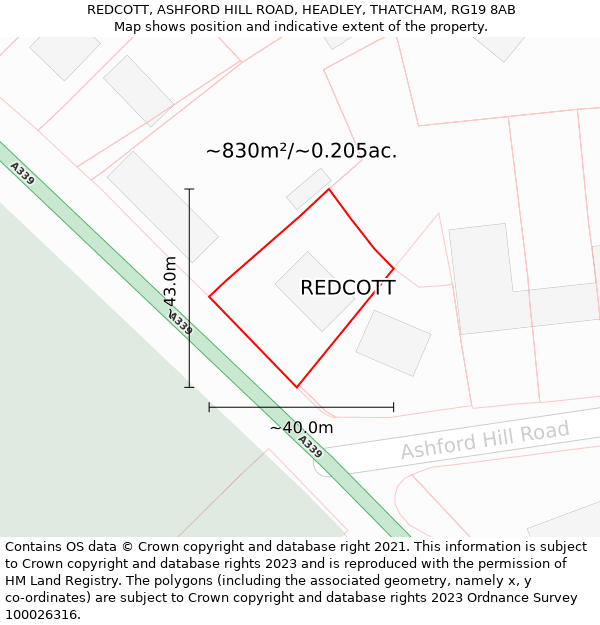 REDCOTT, ASHFORD HILL ROAD, HEADLEY, THATCHAM, RG19 8AB: Plot and title map