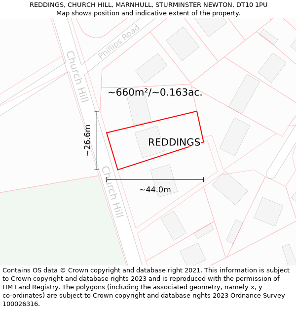 REDDINGS, CHURCH HILL, MARNHULL, STURMINSTER NEWTON, DT10 1PU: Plot and title map