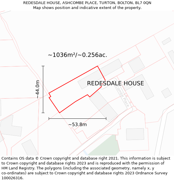 REDESDALE HOUSE, ASHCOMBE PLACE, TURTON, BOLTON, BL7 0QN: Plot and title map