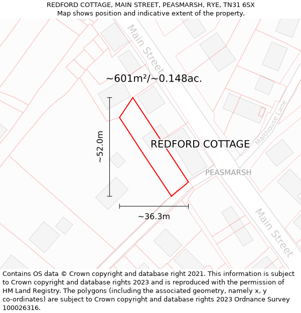 REDFORD COTTAGE, MAIN STREET, PEASMARSH, RYE, TN31 6SX: Plot and title map