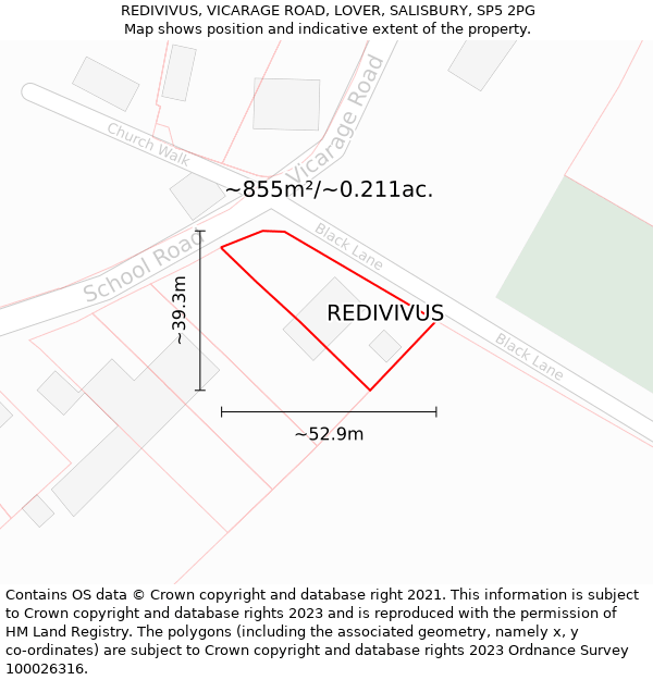 REDIVIVUS, VICARAGE ROAD, LOVER, SALISBURY, SP5 2PG: Plot and title map