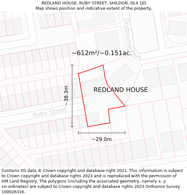 REDLAND HOUSE, RUBY STREET, SHILDON, DL4 1JD: Plot and title map