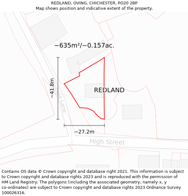 REDLAND, OVING, CHICHESTER, PO20 2BP: Plot and title map