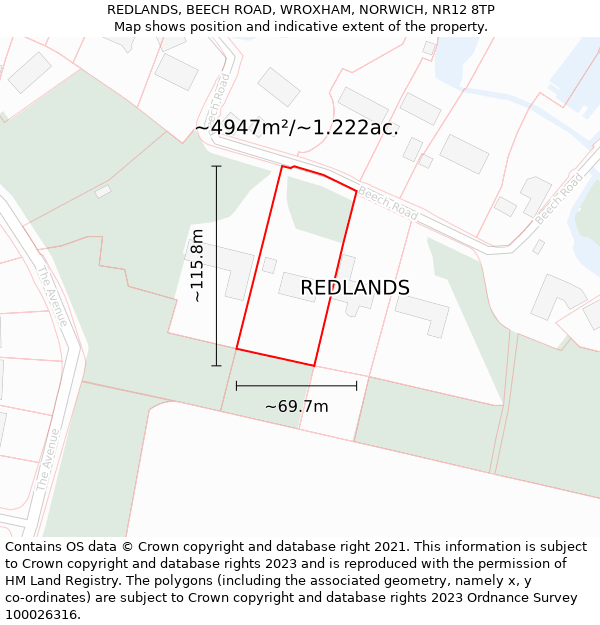 REDLANDS, BEECH ROAD, WROXHAM, NORWICH, NR12 8TP: Plot and title map