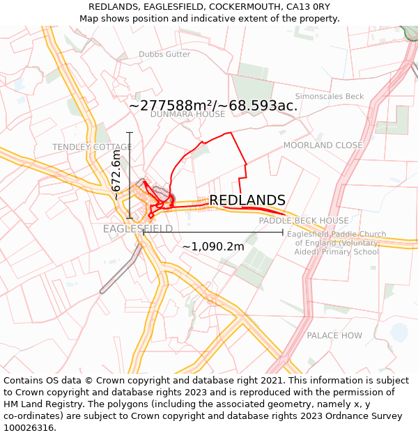 REDLANDS, EAGLESFIELD, COCKERMOUTH, CA13 0RY: Plot and title map