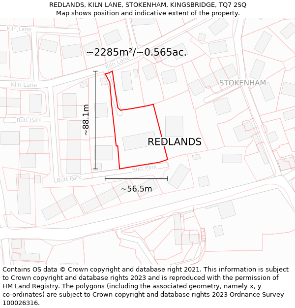 REDLANDS, KILN LANE, STOKENHAM, KINGSBRIDGE, TQ7 2SQ: Plot and title map