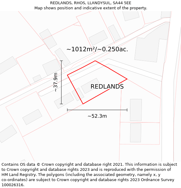 REDLANDS, RHOS, LLANDYSUL, SA44 5EE: Plot and title map