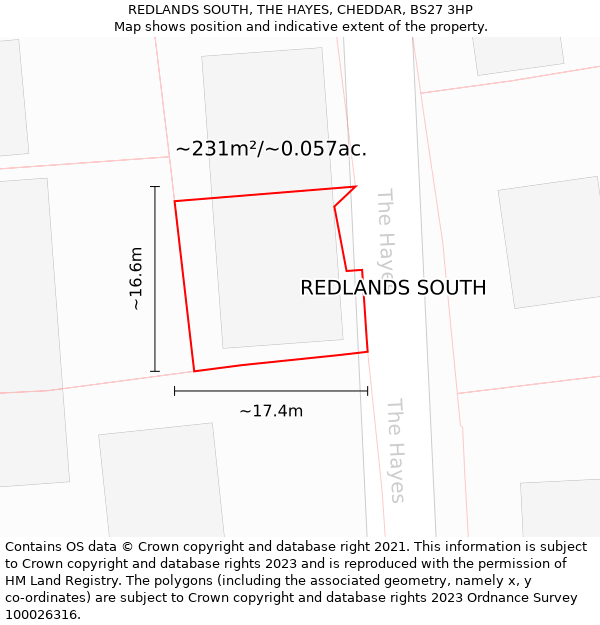 REDLANDS SOUTH, THE HAYES, CHEDDAR, BS27 3HP: Plot and title map