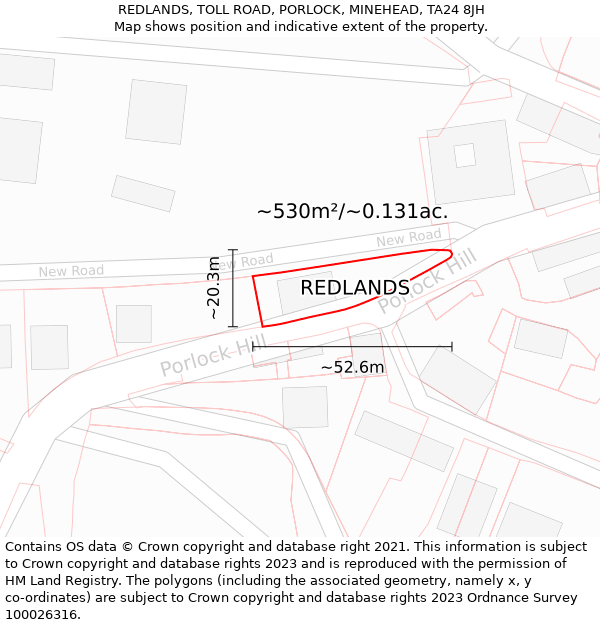 REDLANDS, TOLL ROAD, PORLOCK, MINEHEAD, TA24 8JH: Plot and title map