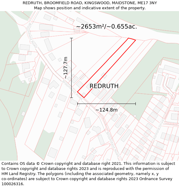 REDRUTH, BROOMFIELD ROAD, KINGSWOOD, MAIDSTONE, ME17 3NY: Plot and title map