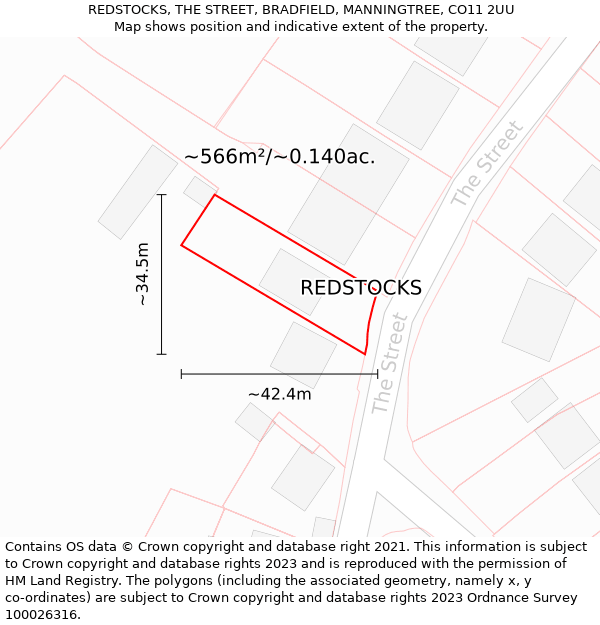 REDSTOCKS, THE STREET, BRADFIELD, MANNINGTREE, CO11 2UU: Plot and title map