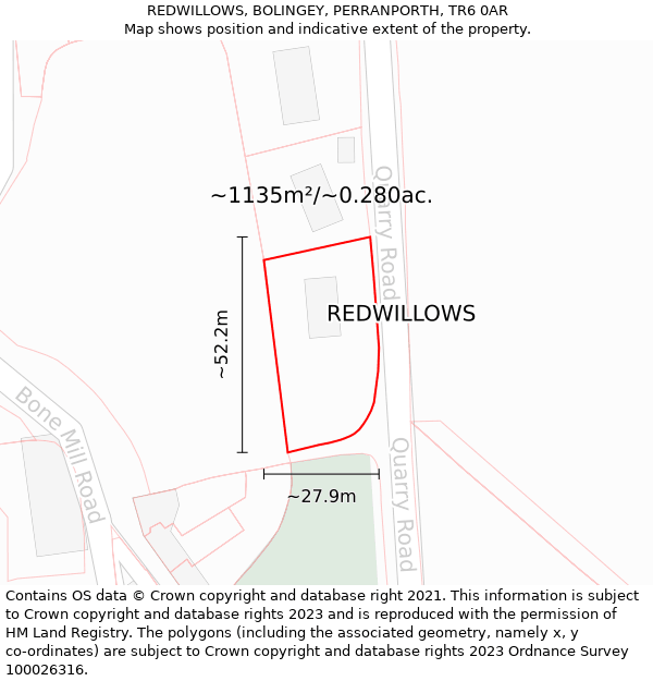 REDWILLOWS, BOLINGEY, PERRANPORTH, TR6 0AR: Plot and title map
