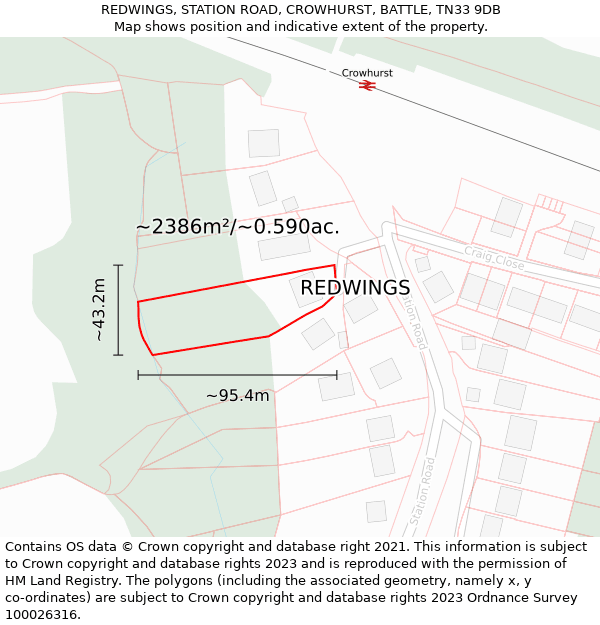 REDWINGS, STATION ROAD, CROWHURST, BATTLE, TN33 9DB: Plot and title map