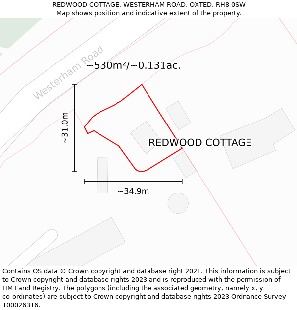 REDWOOD COTTAGE, WESTERHAM ROAD, OXTED, RH8 0SW: Plot and title map