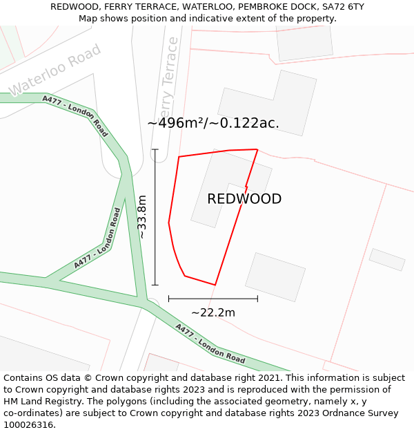 REDWOOD, FERRY TERRACE, WATERLOO, PEMBROKE DOCK, SA72 6TY: Plot and title map