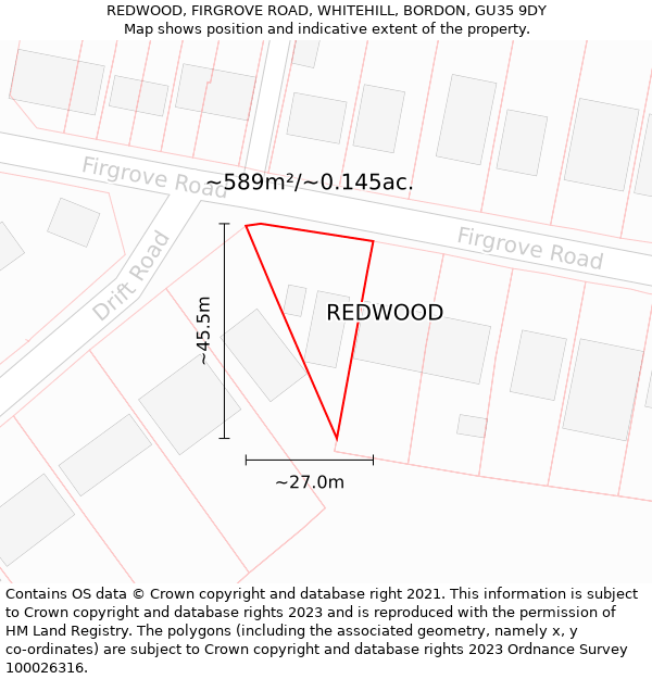 REDWOOD, FIRGROVE ROAD, WHITEHILL, BORDON, GU35 9DY: Plot and title map