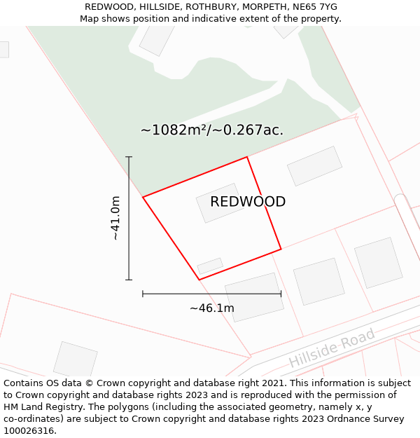 REDWOOD, HILLSIDE, ROTHBURY, MORPETH, NE65 7YG: Plot and title map