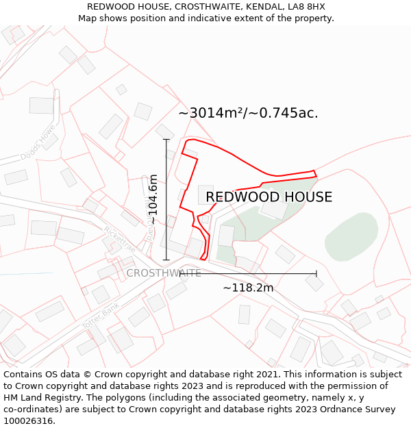 REDWOOD HOUSE, CROSTHWAITE, KENDAL, LA8 8HX: Plot and title map