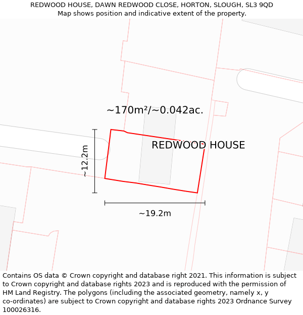REDWOOD HOUSE, DAWN REDWOOD CLOSE, HORTON, SLOUGH, SL3 9QD: Plot and title map