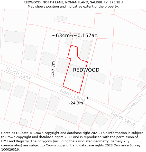 REDWOOD, NORTH LANE, NOMANSLAND, SALISBURY, SP5 2BU: Plot and title map