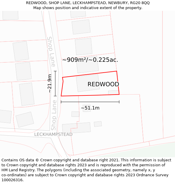 REDWOOD, SHOP LANE, LECKHAMPSTEAD, NEWBURY, RG20 8QQ: Plot and title map