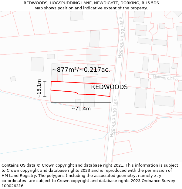 REDWOODS, HOGSPUDDING LANE, NEWDIGATE, DORKING, RH5 5DS: Plot and title map