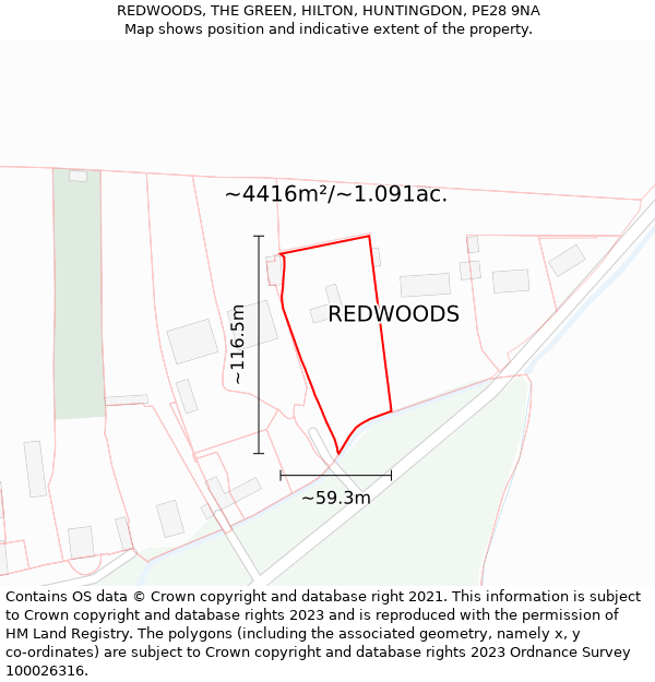 REDWOODS, THE GREEN, HILTON, HUNTINGDON, PE28 9NA: Plot and title map