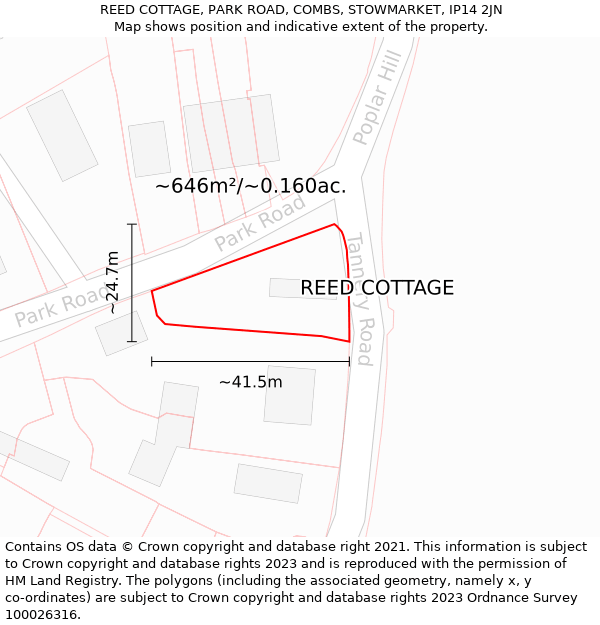 REED COTTAGE, PARK ROAD, COMBS, STOWMARKET, IP14 2JN: Plot and title map