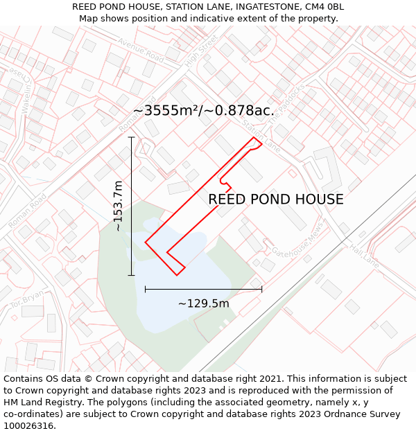 REED POND HOUSE, STATION LANE, INGATESTONE, CM4 0BL: Plot and title map