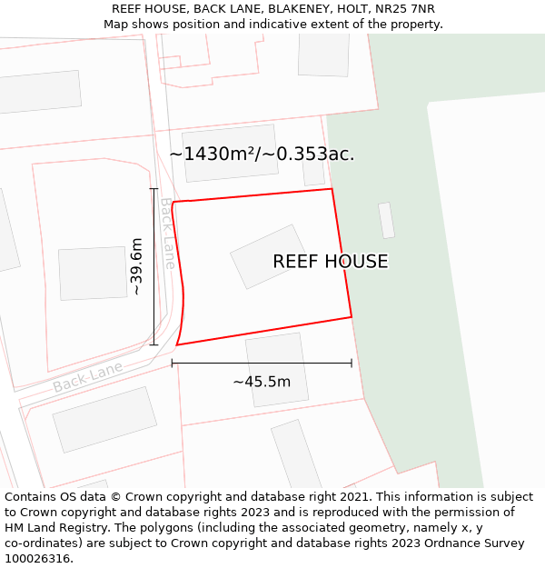 REEF HOUSE, BACK LANE, BLAKENEY, HOLT, NR25 7NR: Plot and title map