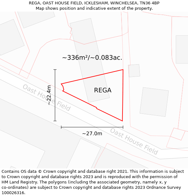 REGA, OAST HOUSE FIELD, ICKLESHAM, WINCHELSEA, TN36 4BP: Plot and title map