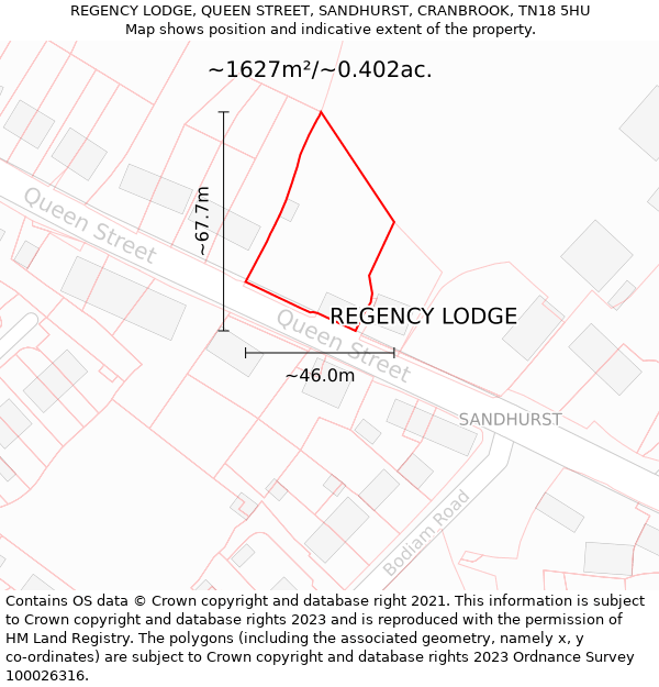 REGENCY LODGE, QUEEN STREET, SANDHURST, CRANBROOK, TN18 5HU: Plot and title map