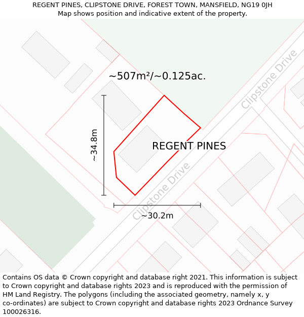 REGENT PINES, CLIPSTONE DRIVE, FOREST TOWN, MANSFIELD, NG19 0JH: Plot and title map