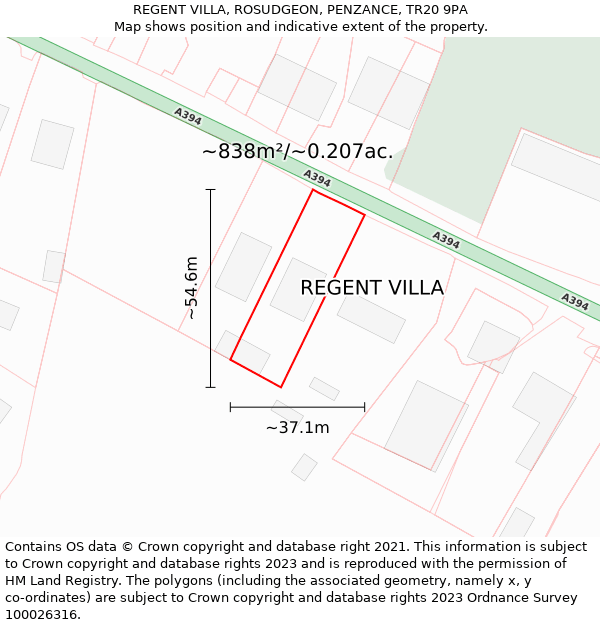 REGENT VILLA, ROSUDGEON, PENZANCE, TR20 9PA: Plot and title map