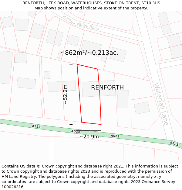 RENFORTH, LEEK ROAD, WATERHOUSES, STOKE-ON-TRENT, ST10 3HS: Plot and title map