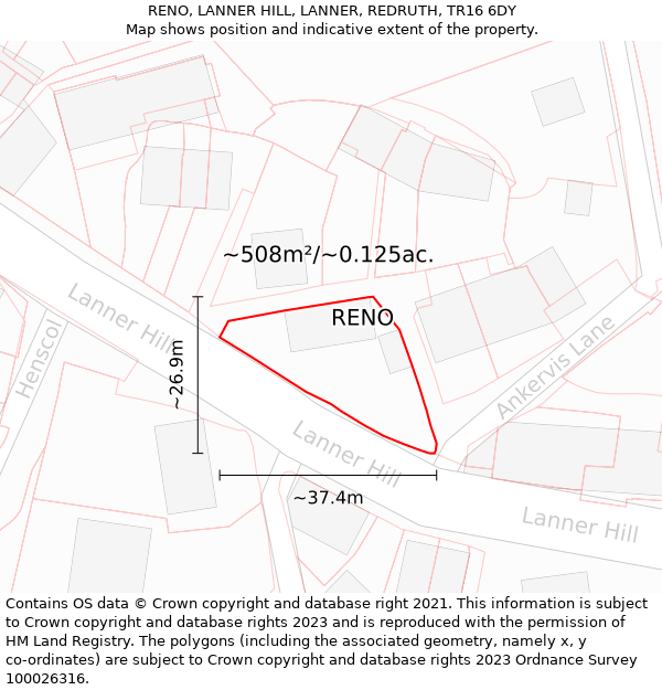 RENO, LANNER HILL, LANNER, REDRUTH, TR16 6DY: Plot and title map