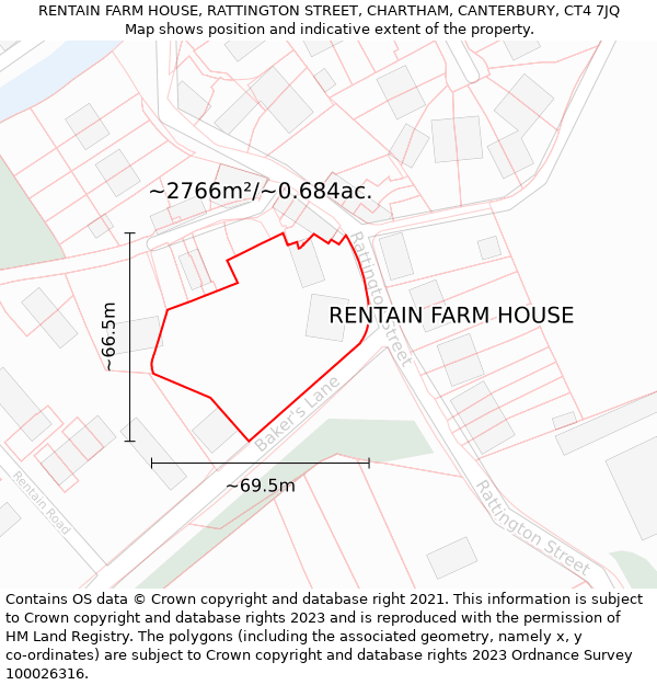 RENTAIN FARM HOUSE, RATTINGTON STREET, CHARTHAM, CANTERBURY, CT4 7JQ: Plot and title map