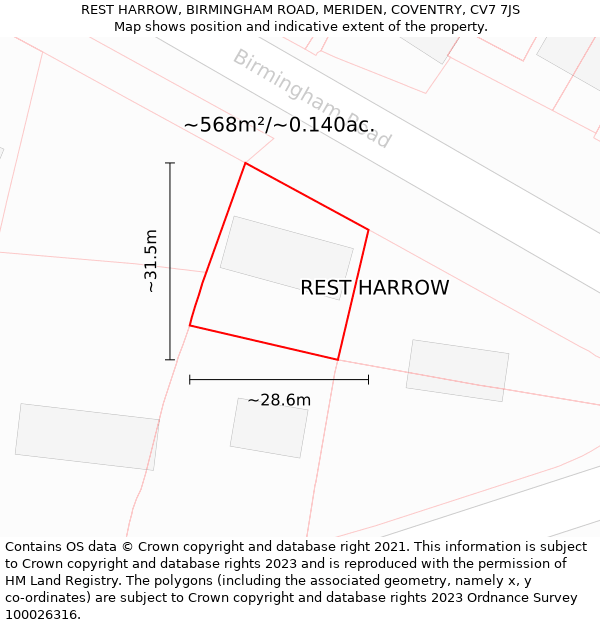 REST HARROW, BIRMINGHAM ROAD, MERIDEN, COVENTRY, CV7 7JS: Plot and title map