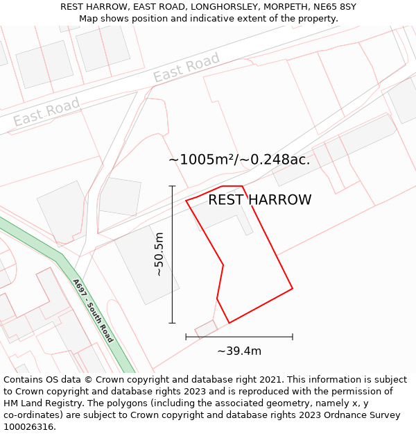 REST HARROW, EAST ROAD, LONGHORSLEY, MORPETH, NE65 8SY: Plot and title map