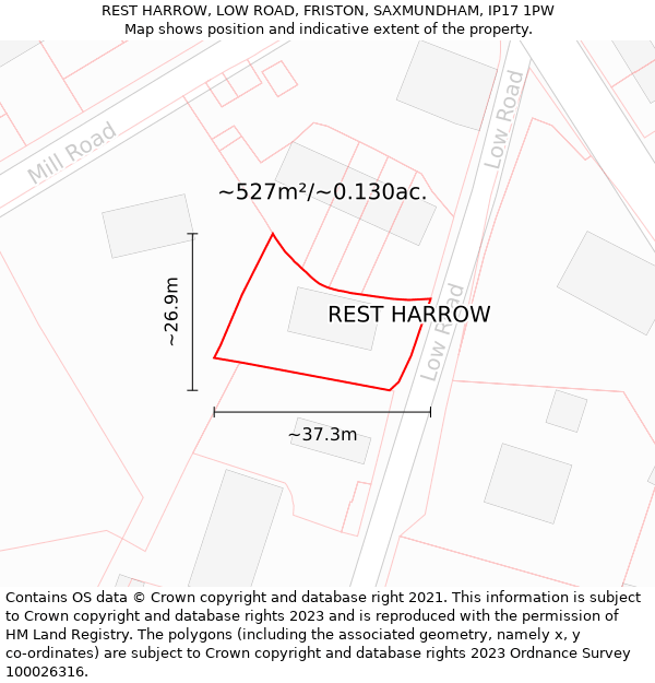 REST HARROW, LOW ROAD, FRISTON, SAXMUNDHAM, IP17 1PW: Plot and title map