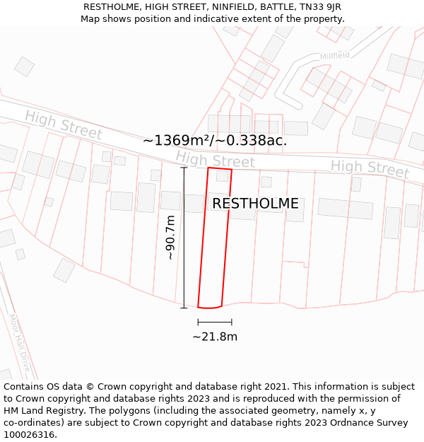 RESTHOLME, HIGH STREET, NINFIELD, BATTLE, TN33 9JR: Plot and title map