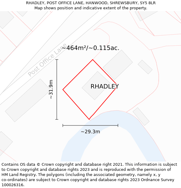 RHADLEY, POST OFFICE LANE, HANWOOD, SHREWSBURY, SY5 8LR: Plot and title map