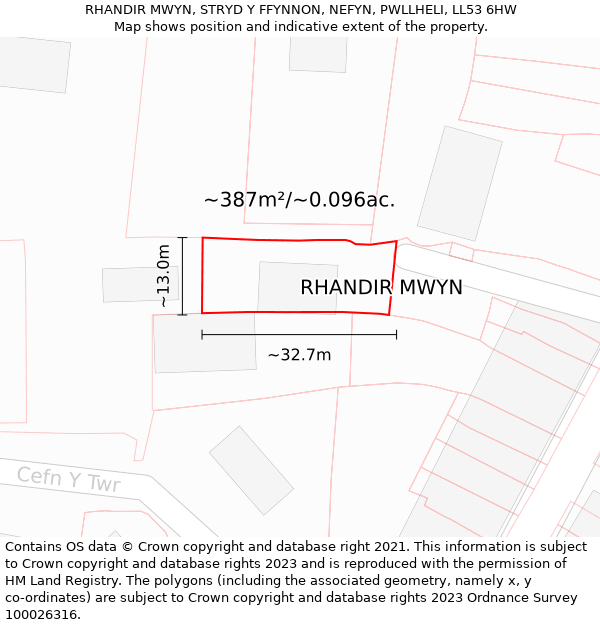 RHANDIR MWYN, STRYD Y FFYNNON, NEFYN, PWLLHELI, LL53 6HW: Plot and title map