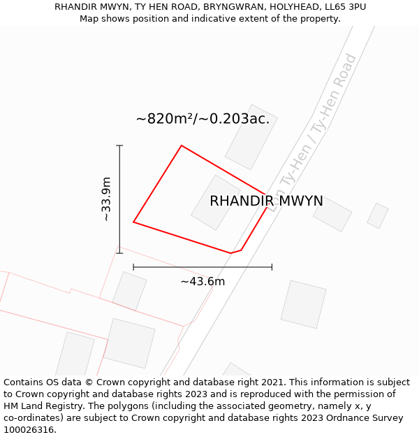 RHANDIR MWYN, TY HEN ROAD, BRYNGWRAN, HOLYHEAD, LL65 3PU: Plot and title map