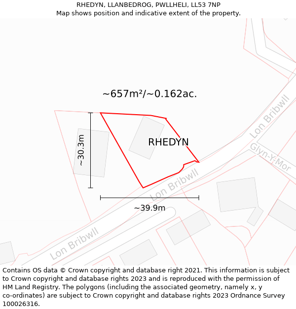 RHEDYN, LLANBEDROG, PWLLHELI, LL53 7NP: Plot and title map