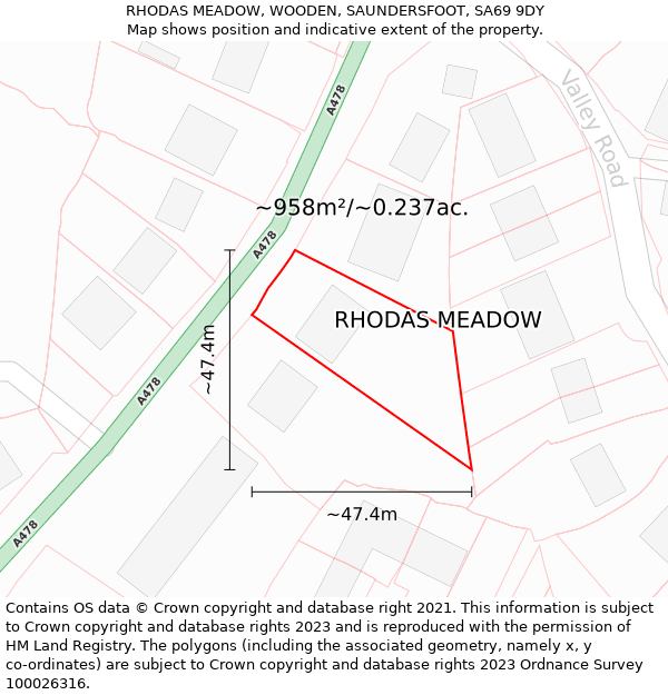 RHODAS MEADOW, WOODEN, SAUNDERSFOOT, SA69 9DY: Plot and title map