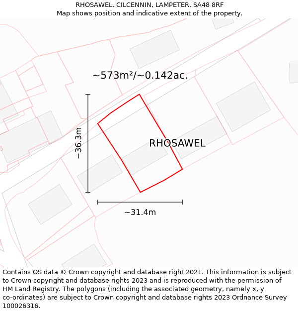 RHOSAWEL, CILCENNIN, LAMPETER, SA48 8RF: Plot and title map