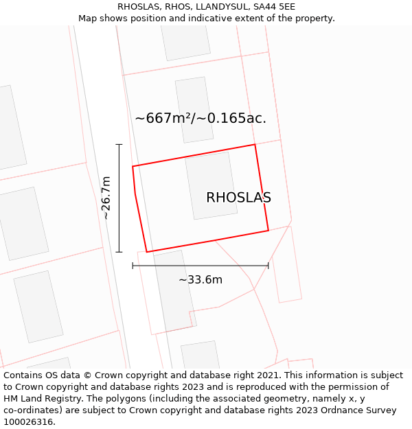 RHOSLAS, RHOS, LLANDYSUL, SA44 5EE: Plot and title map