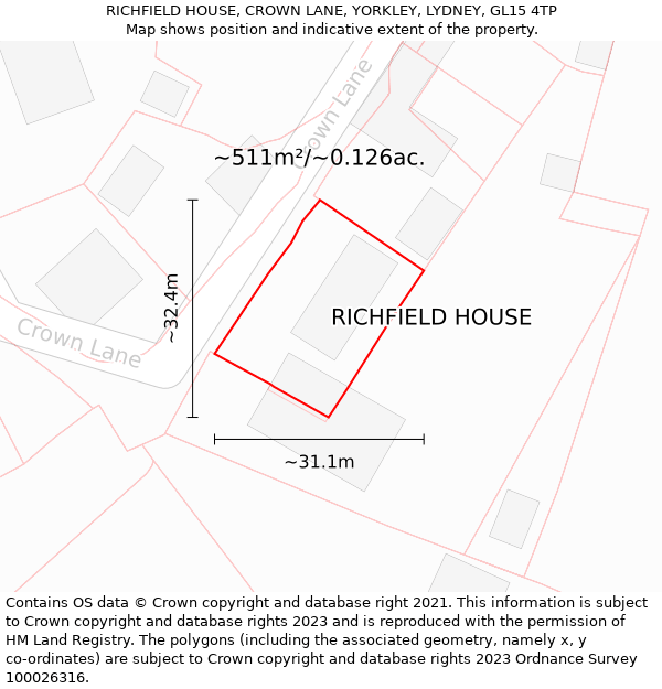 RICHFIELD HOUSE, CROWN LANE, YORKLEY, LYDNEY, GL15 4TP: Plot and title map